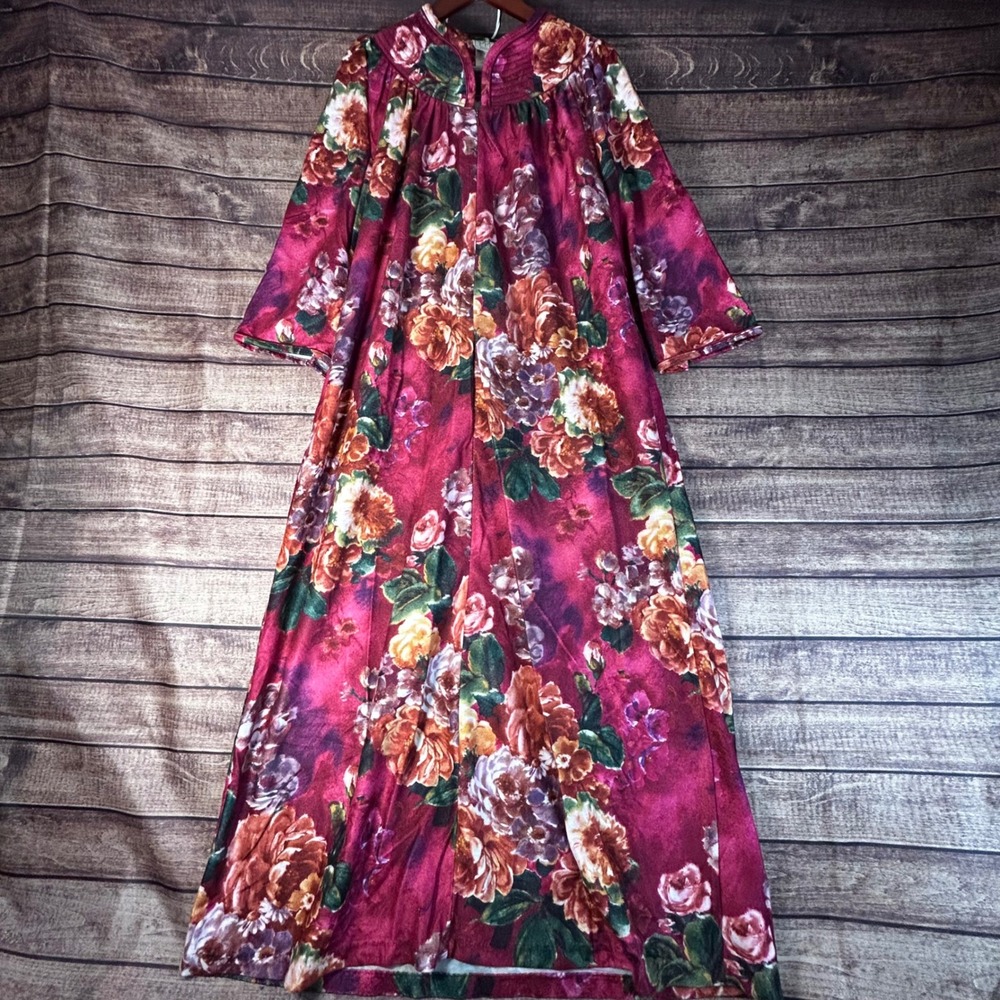 VTG 70s 80s Appel Robes Floral Fleece Zip Front Housecoat Magenta Rose Maxi M
